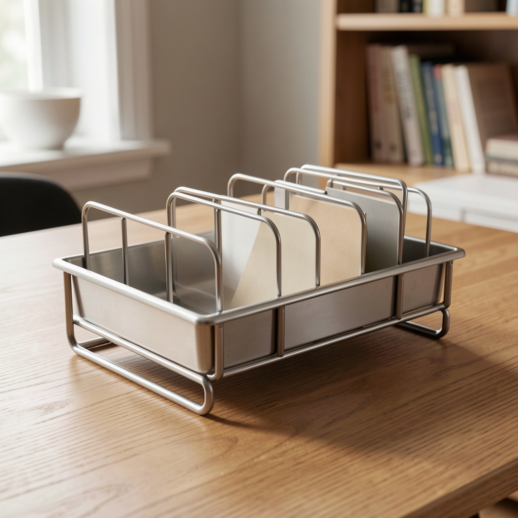 Conjunto de separadores, bandeja y soporte metálico para organizar una mesa de lectura