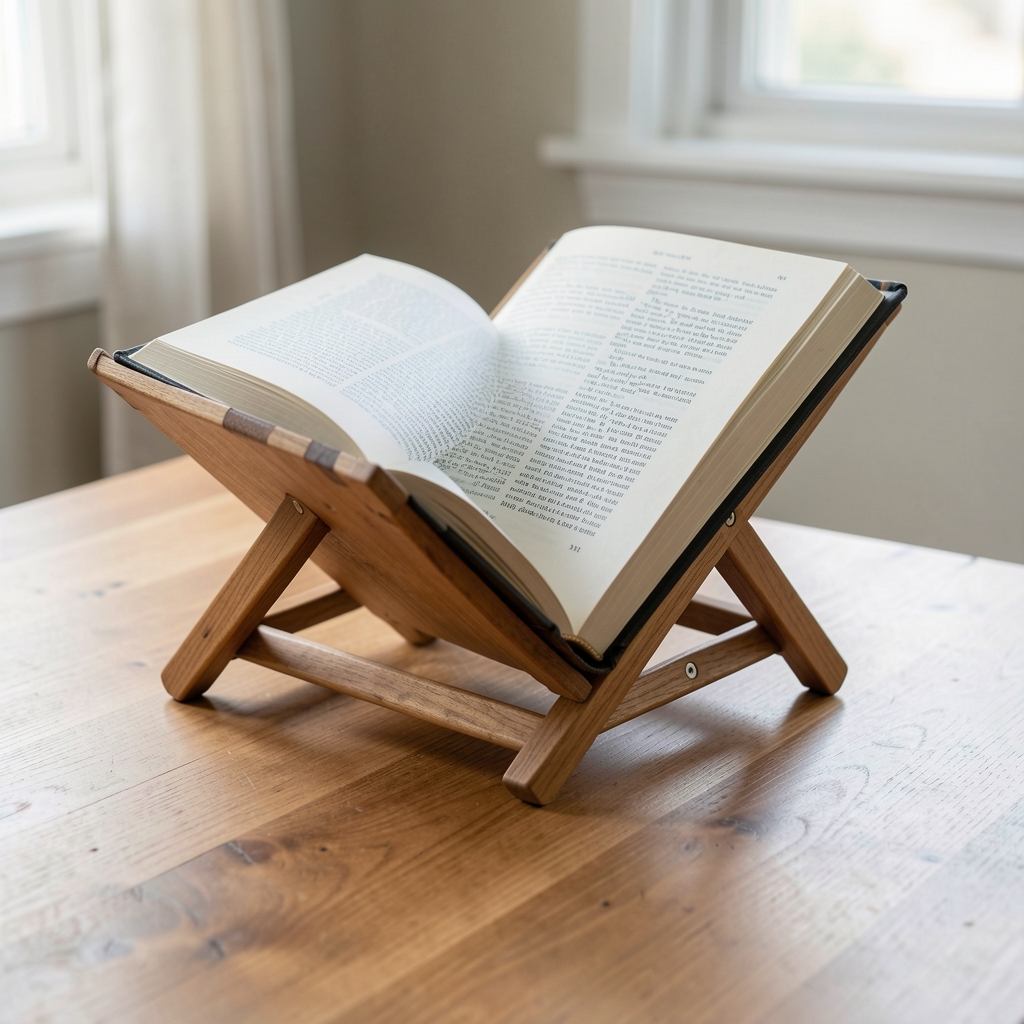 Atril plegable de madera sosteniendo un libro abierto sobre una mesa sin personas