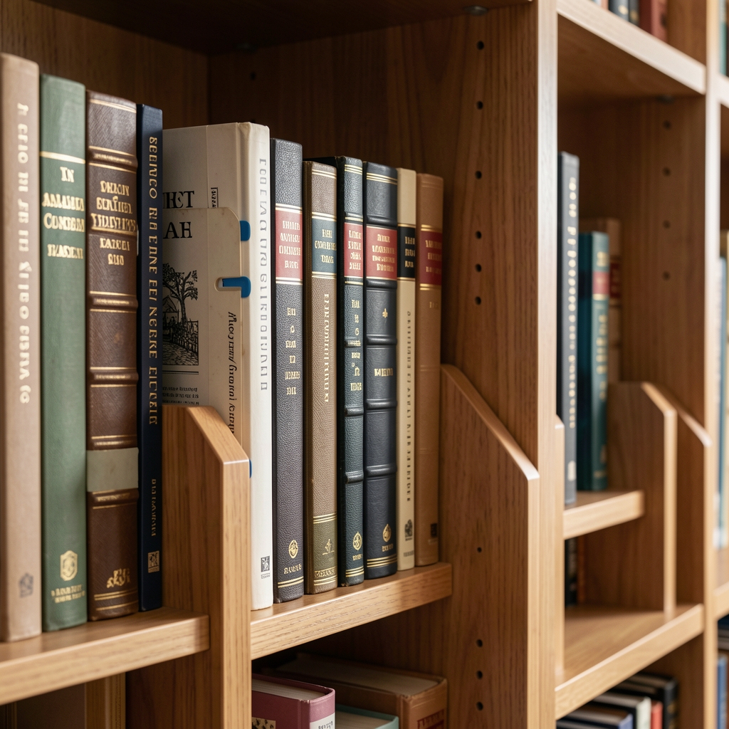 Detalle de una biblioteca doméstica con libros de tapa dura, separadores y soportes de madera sin personas