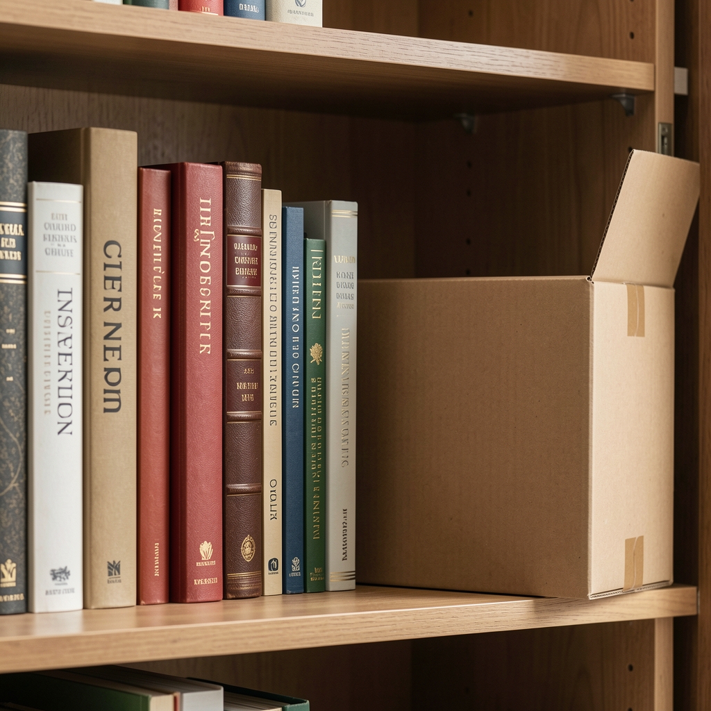 Libros de tapa dura colocados en una estantería ventilada junto a una caja protectora de cartón