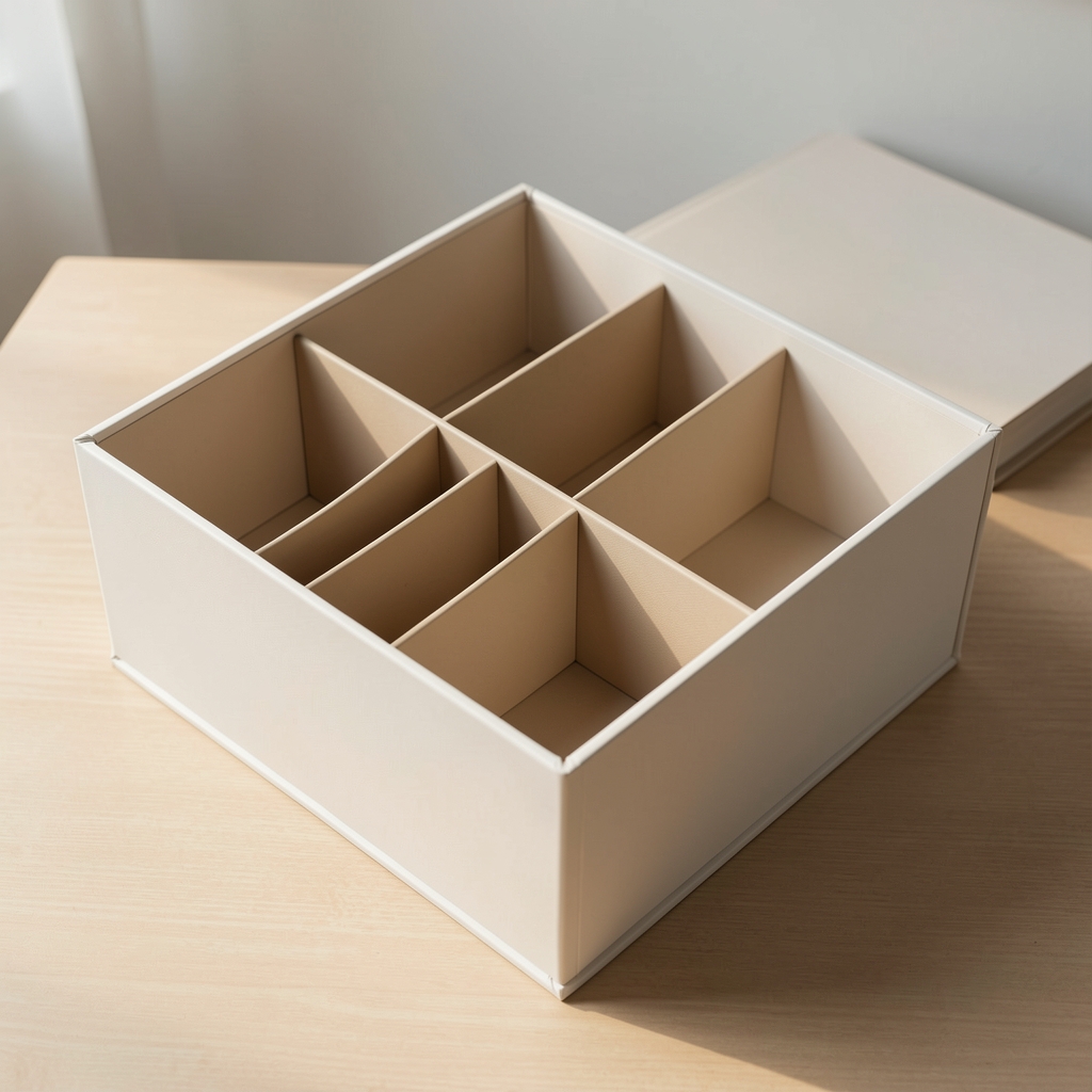 Caja rígida de almacenamiento para libros con separadores interiores y superficie limpia