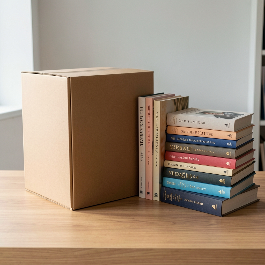 Caja protectora rígida de cartón junto a libros ordenados sin personas