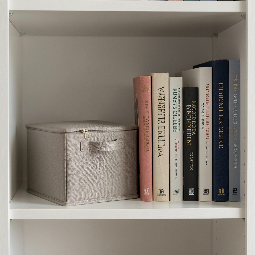 Caja rígida de almacenamiento junto a libros protegidos en un estante seco y limpio