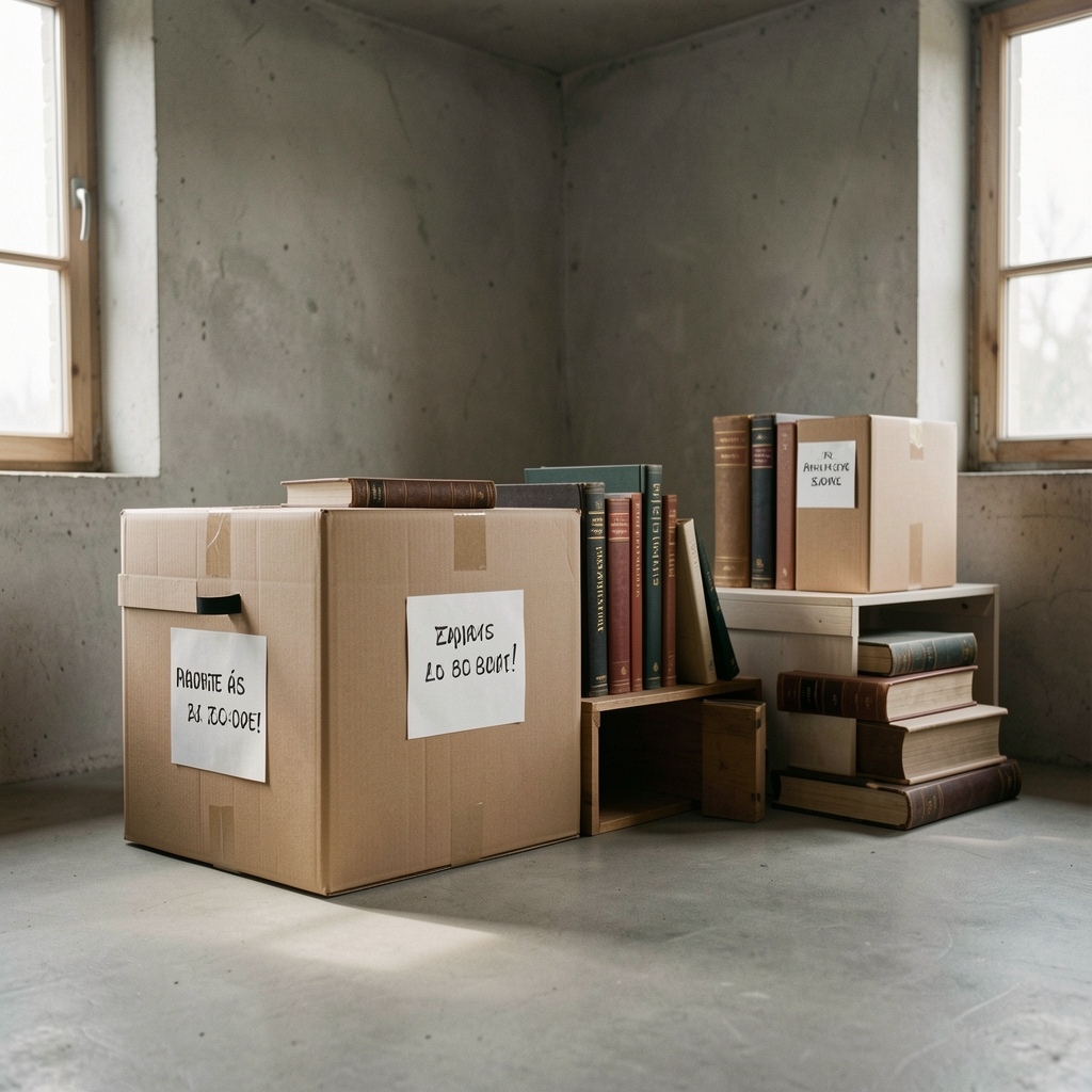 Cajas de almacenamiento etiquetadas junto a libros protegidos en una habitación seca sin personas