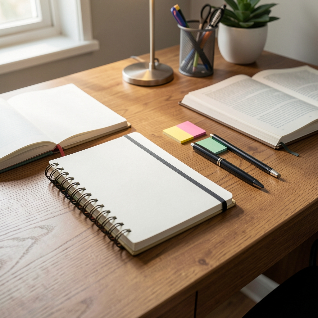 Escritorio ordenado con cuaderno, separadores y accesorios de lectura sin personas