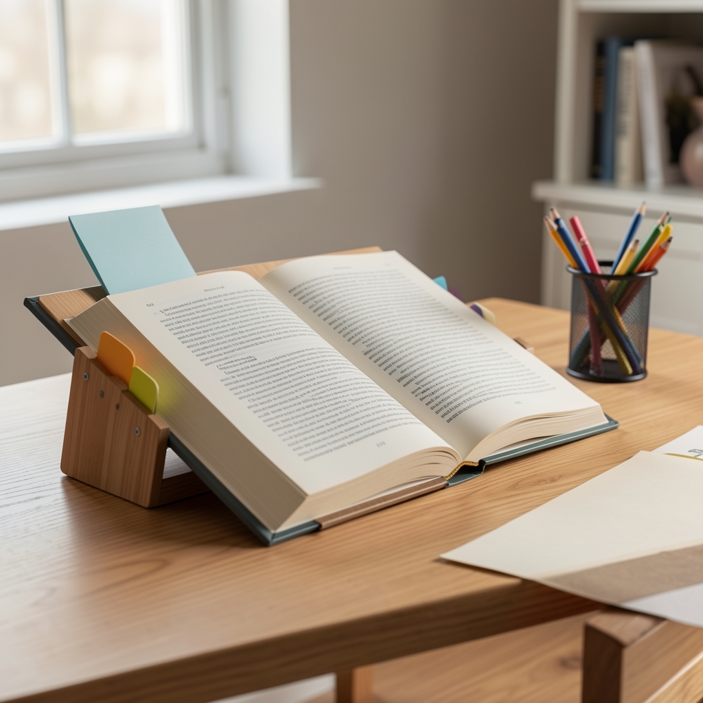 Escritorio de lectura con libro abierto, soporte de madera, separadores y recipiente para notas sin personas