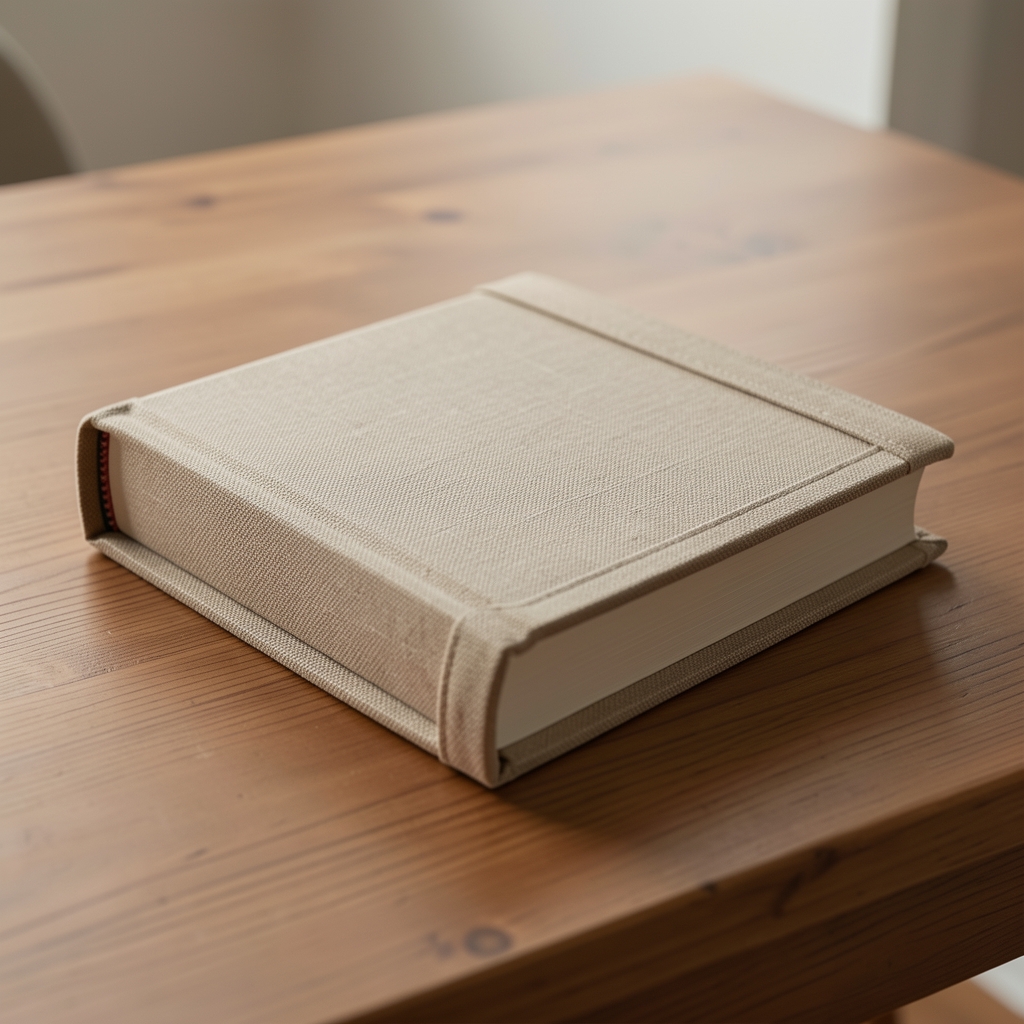 Funda protectora de tela alrededor de un libro cerrado sobre una mesa sin personas