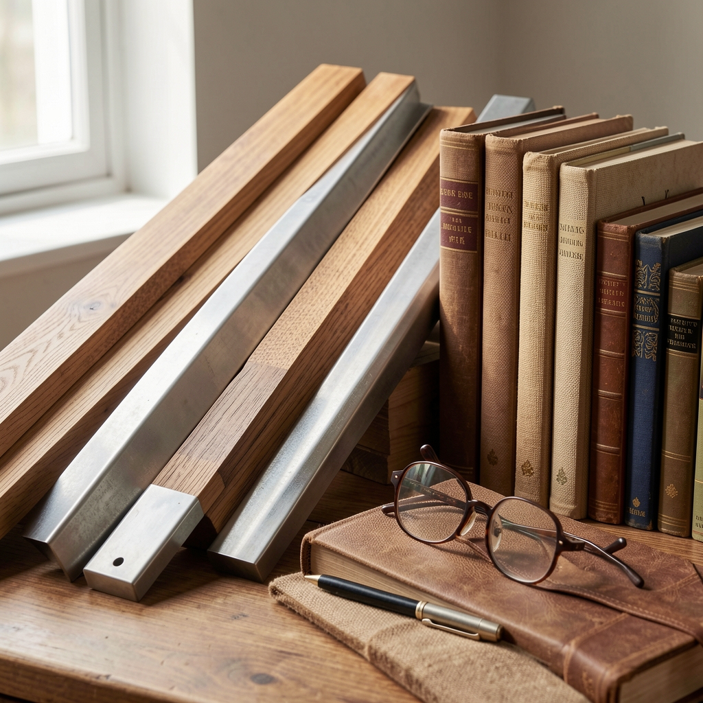Muestras de madera, metal y tela junto a libros y accesorios de lectura