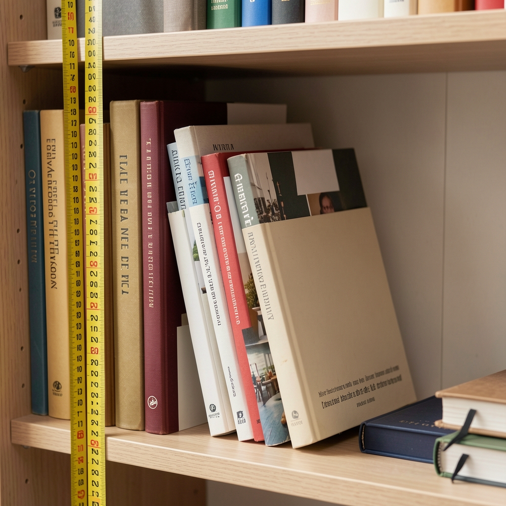 Cinta métrica junto a un estante y varios libros para explicar medidas de organización