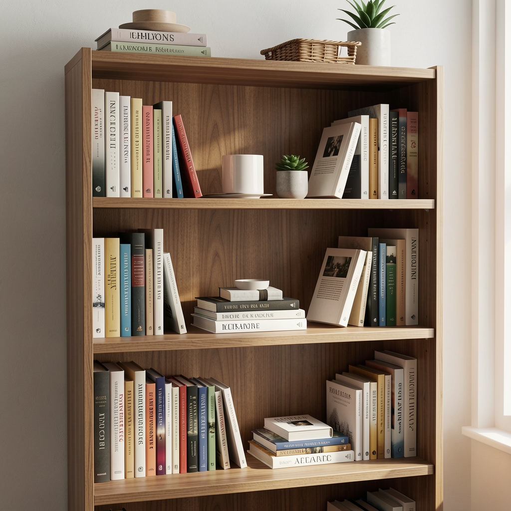 Estantería doméstica de madera con libros ordenados y accesorios de lectura sin personas