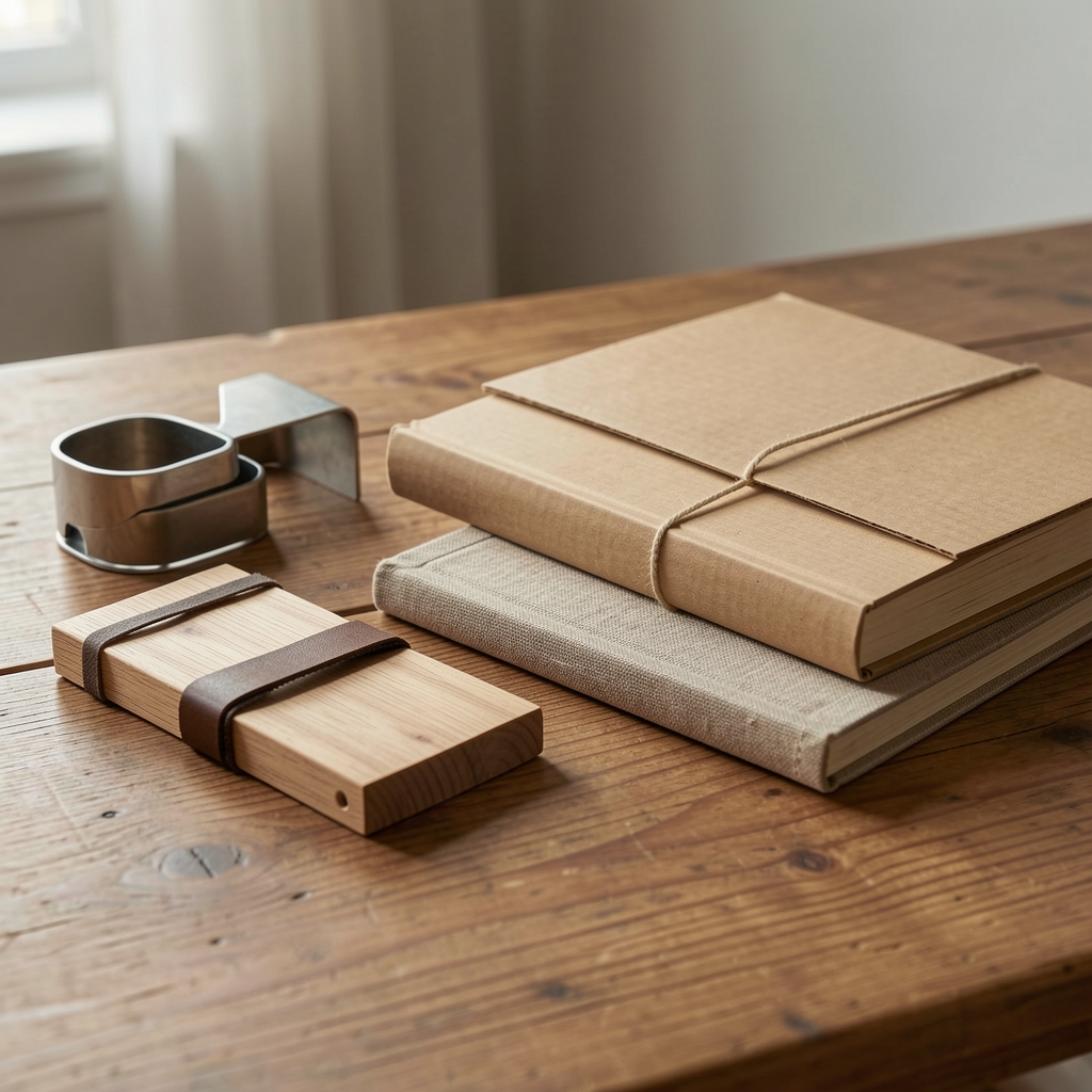 Muestra de accesorios de lectura de madera, metal, tela y cartón sobre una mesa sin personas