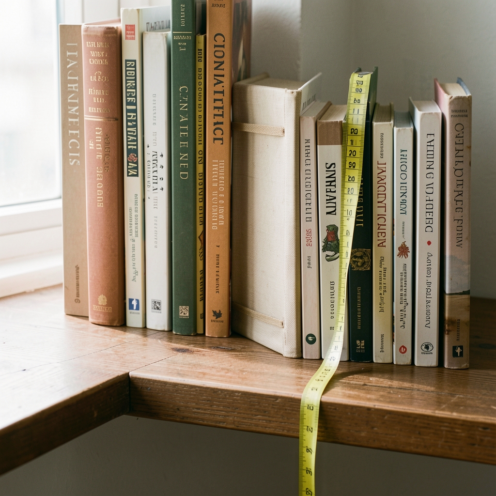 Cinta métrica junto a una repisa con libros y separador sin personas