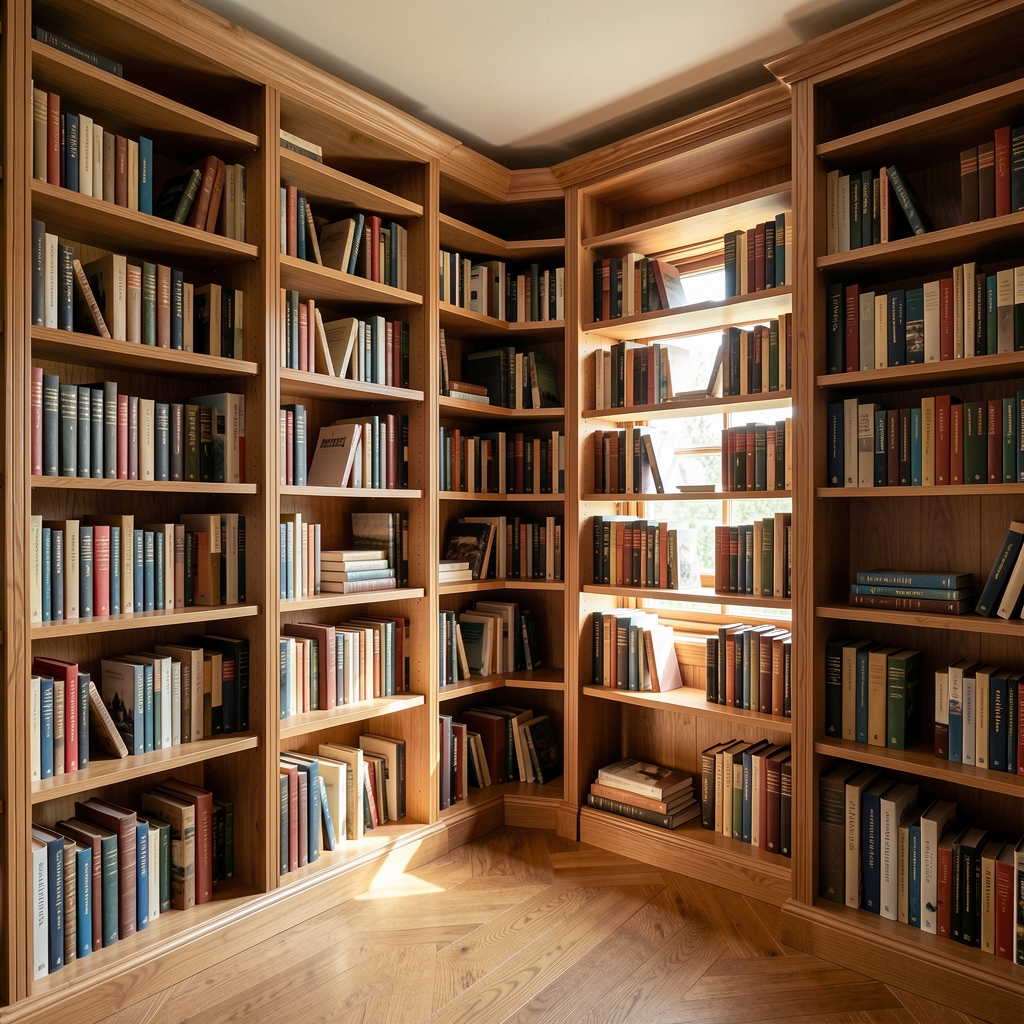 Interior tranquilo de una biblioteca doméstica con estantes de madera y libros sin personas