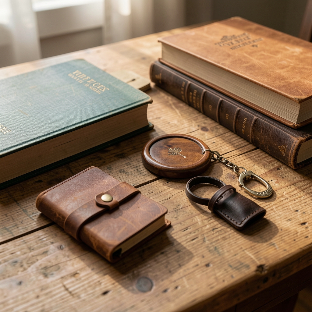 Detalle de materiales de accesorios para libros sobre una mesa de madera sin personas