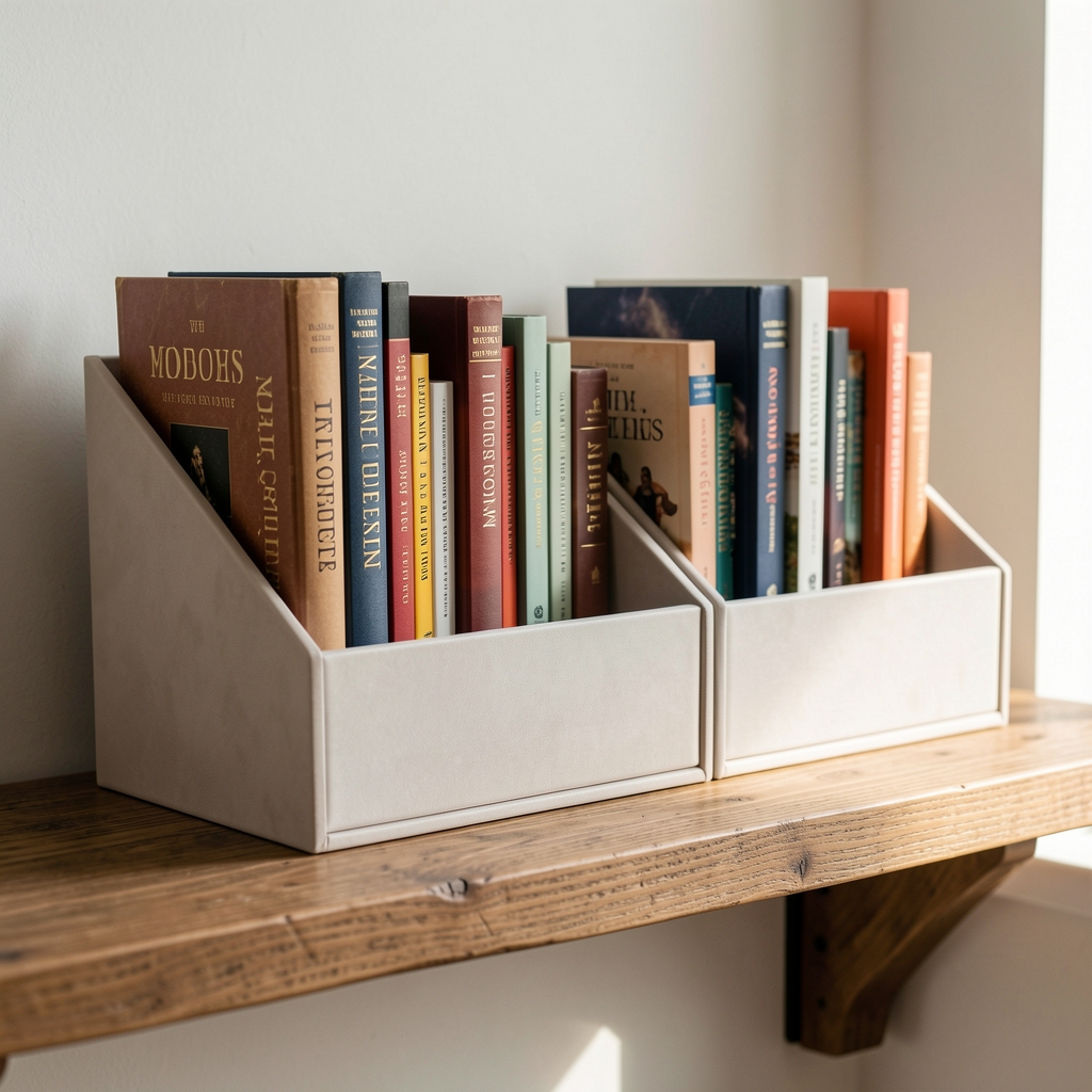 Módulos organizadores para libros colocados sobre una repisa de madera sin personas