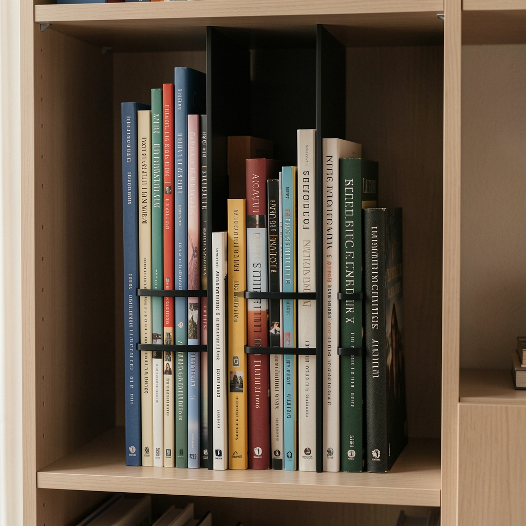 Organizador vertical negro separando libros de distintos tamaños en un estante sin personas