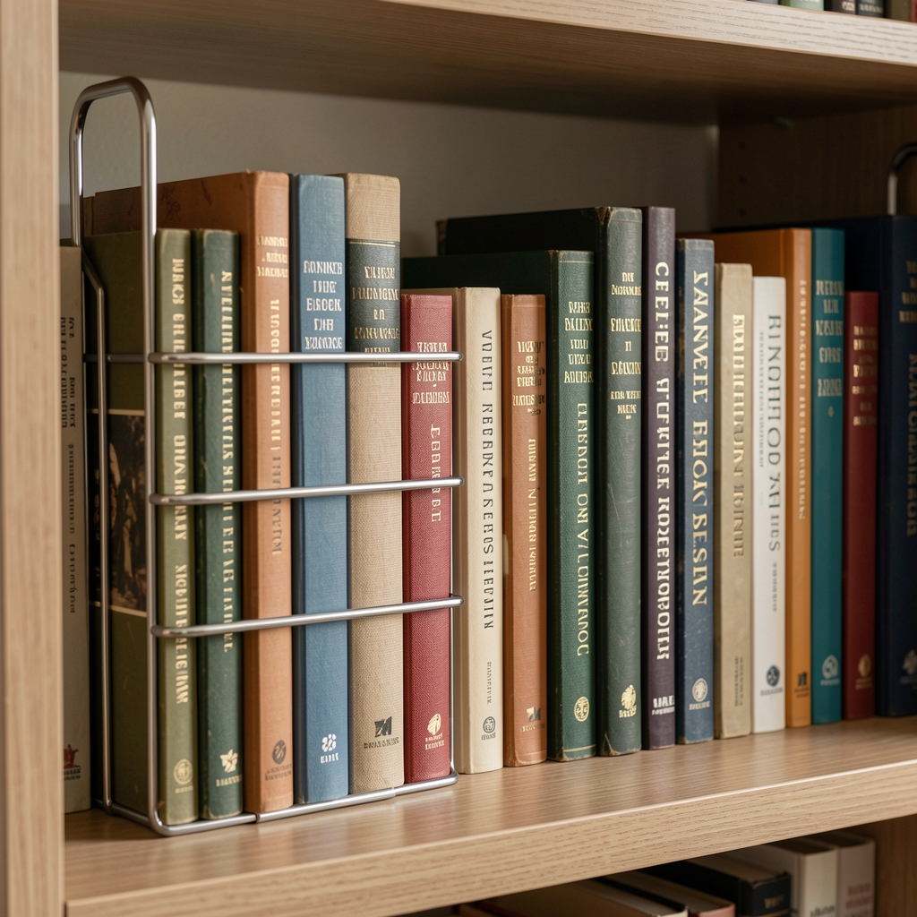Organizador vertical de metal junto a una fila de libros de distintos tamaños en una estantería