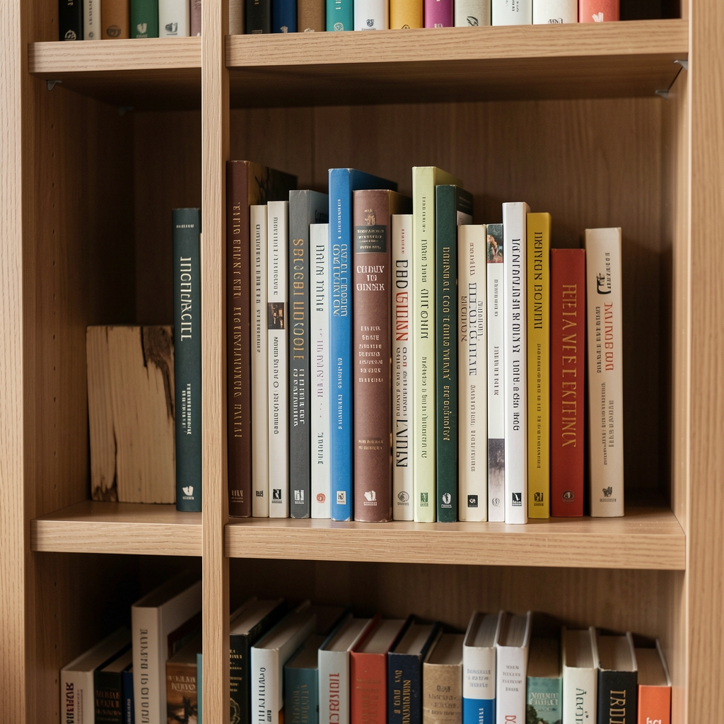 Separador vertical sosteniendo una fila de libros en una estantería doméstica ordenada