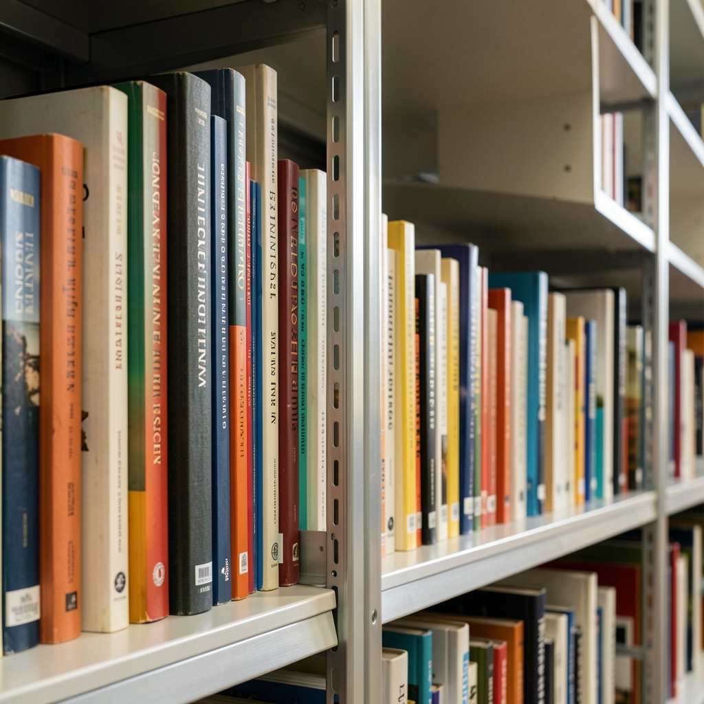 Separador metálico vertical junto a una fila de libros en una estantería sin personas