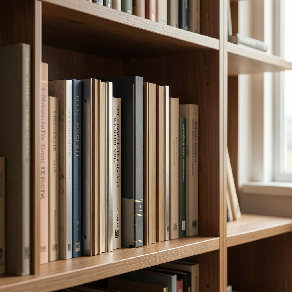 Separadores de libros de metal y madera alineados junto a una estantería sin personas