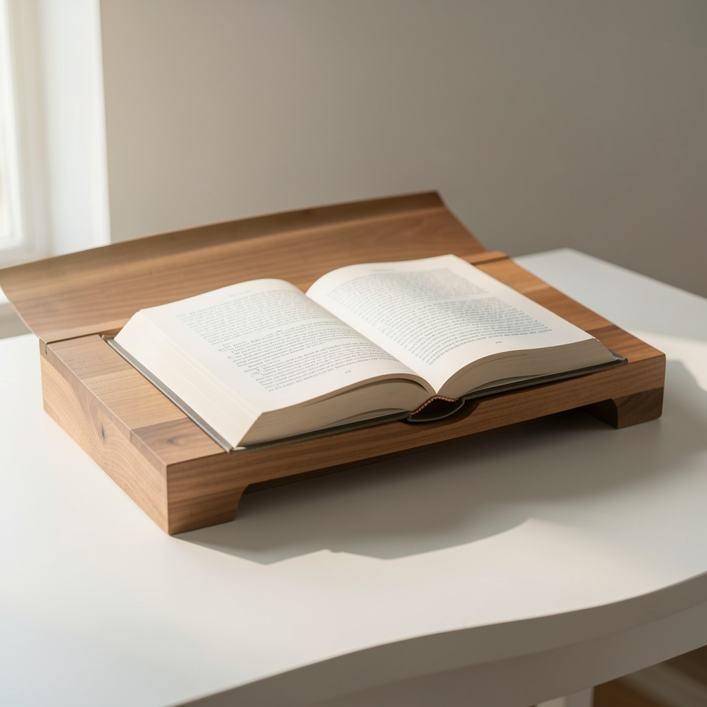 Atril de madera con un libro abierto sobre una mesa clara sin manos ni personas