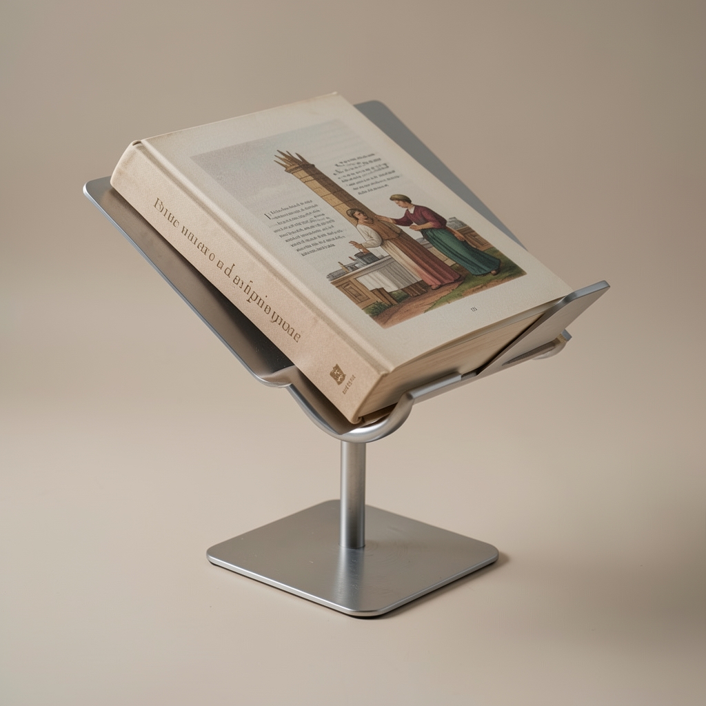 Soporte metálico para libro de lectura con base firme sobre una superficie neutra